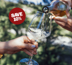 Pouring wine into a glass with text saying 10% off