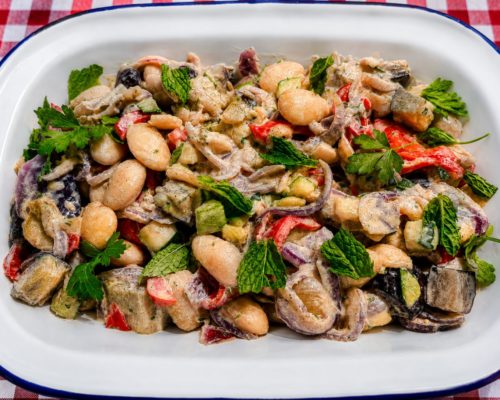Roasted Vegetable and Bold Butter Bean Salad with Tahini Dressing